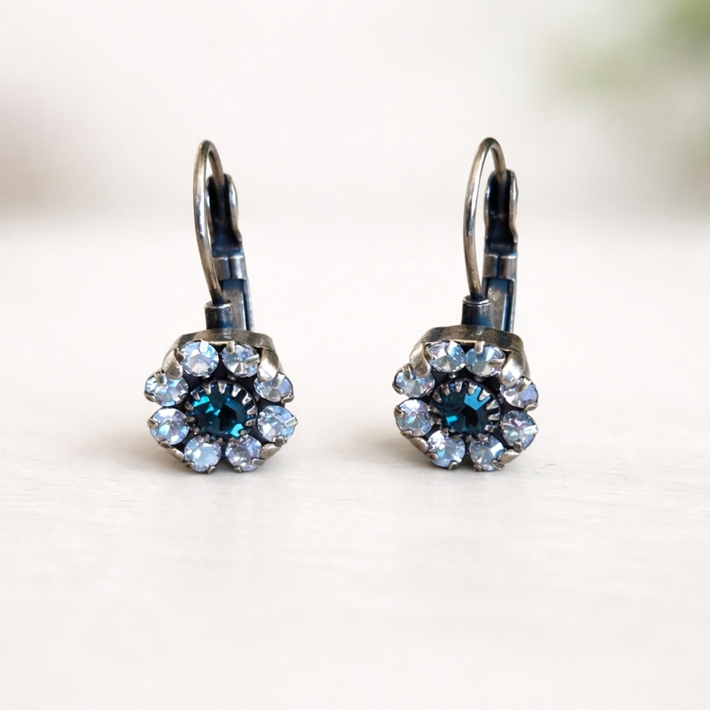 Antique Brass Leverback Earrings with Blue & White Flower Crystals |Handmade